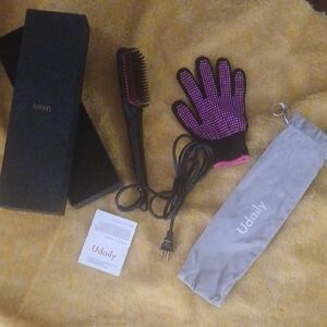 Black Hair Straightening Brush with Pink Glove